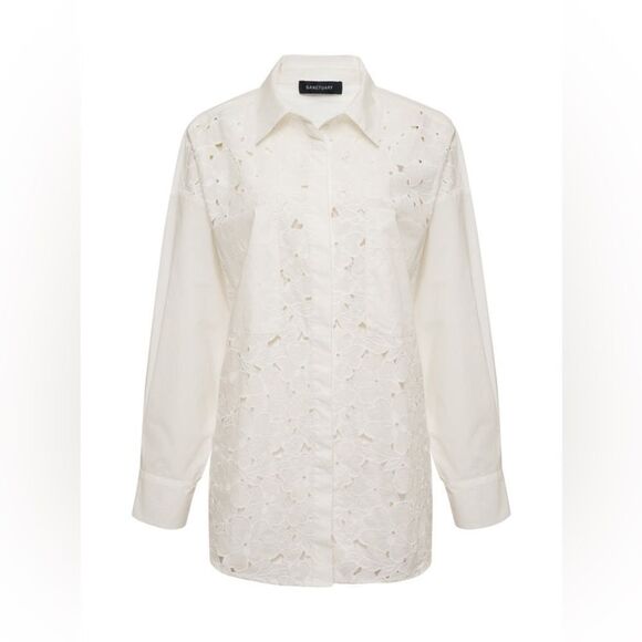 Sanctuary Lace Boyfriend Tie Back White Shirt | Size Small - Picture 11 of 13